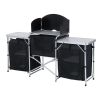 Outsunny Portable Camping Kitchen Aluminum Table Windscreen 3 Cupboards BBQ Black - Black