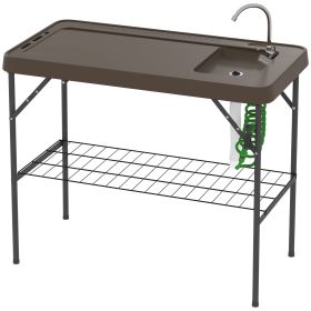 Outsunny Folding Fish Cleaning Table with Sink, Portable Camping Table with Faucet, Drainage Hose, Sprayer and Shelf, Tan - Tan