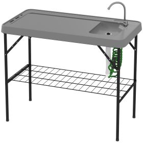Outsunny Folding Fish Cleaning Table with Sink, Portable Camping Table with Faucet, Drainage Hose, Sprayer and Shelf, Gray - Gray