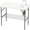 Outsunny Folding Fish Cleaning Table with Sink, Portable Camping Table with Faucet, Drainage Hose, Sprayer and Shelf, White - White