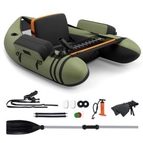 Inflatable Fishing Float Tube with Pump Storage Pockets and Fish Ruler - Green