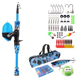 Kids Fishing Pole Set Fishing Starter Kit Telescopic Fishing Rod and Reel Combo Kit with Tackle Box 56Pcs Fishing Lures for Boys Girls - Blue - 1.5M