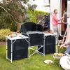 Outsunny Portable Camping Kitchen Aluminum Table Windscreen 3 Cupboards BBQ Black - Black