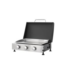 3Burner Propane Gas Grill And SS Plancha  2in1 BBQ & Griddle, Cast Iron Grate, Enamel Body, Compatible With 16oz Camping Tanks & 20lbs Backyard T (Color: Black)